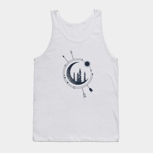 Forest And Сrescent. Pine Trees On The Moon. Creative Illustration. Geometric, Line Art Style Tank Top